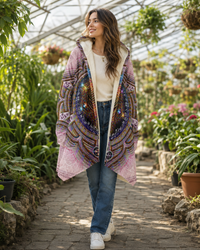 Svadhisthana Micro Fleece Cloak, Hooded Wearable Art, Psychedelic Festival Layer — front — hood lowered