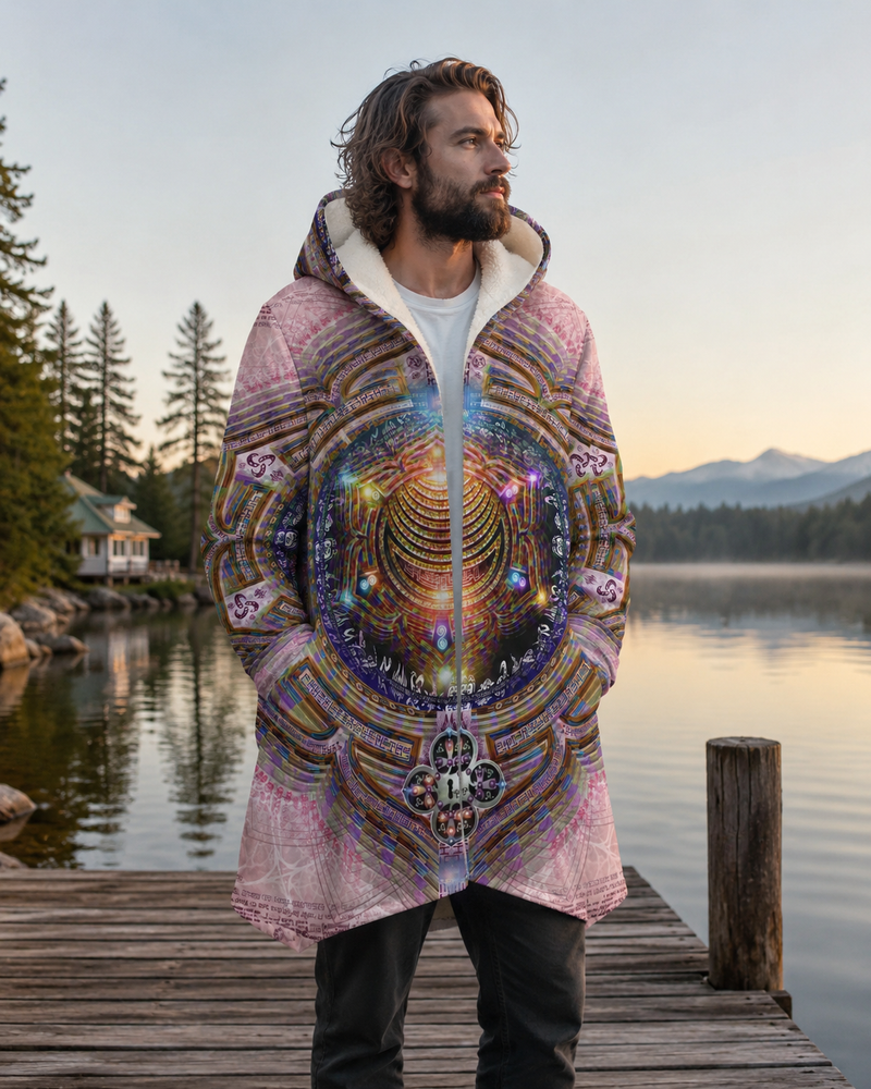 Svadhisthana Micro Fleece Cloak, Hooded Wearable Art, Psychedelic Festival Layer — front — hood raised