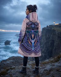 Vishuddha Throat Chakra Micro Fleece Cloak, Hooded Wearable Art, Psychedelic Festival Layer — front — hood raised