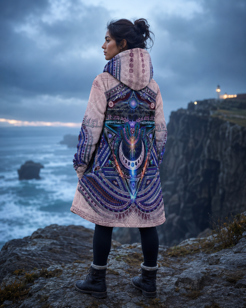 Vishuddha Throat Chakra Micro Fleece Cloak, Hooded Wearable Art, Psychedelic Festival Layer — front — hood raised