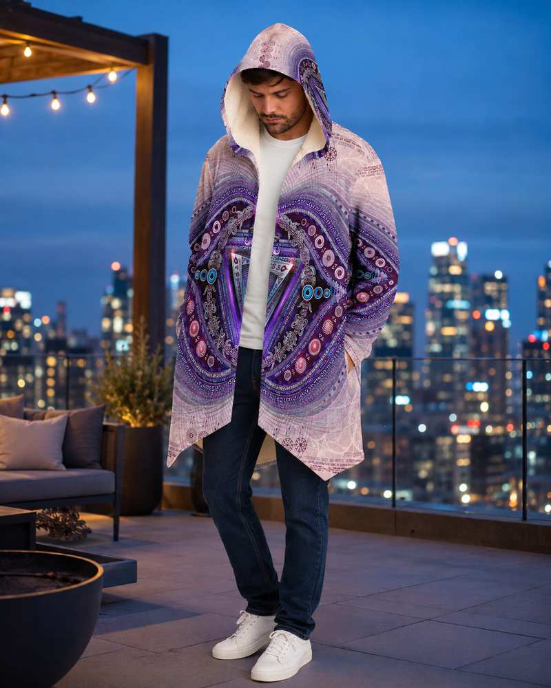 Ajna Third Eye Chakra Micro Fleece Cloak, Hooded Wearable Art, Psychedelic Festival Layer — front — hood raised