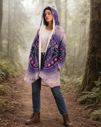 Ajna Third Eye Chakra Micro Fleece Cloak, Hooded Wearable Art, Psychedelic Festival Layer — wearer-right three-quarter — hood lowered