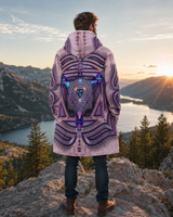 Muladhara Root Chakra Micro Fleece Cloak, Hooded Wearable Art, Psychedelic Festival Layer — front — hood raised