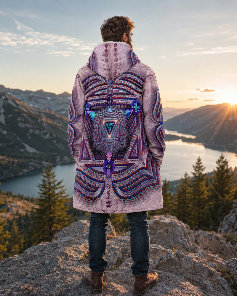 Muladhara Root Chakra Micro Fleece Cloak, Hooded Wearable Art, Psychedelic Festival Layer — front — hood raised