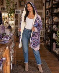 Muladhara Root Chakra Micro Fleece Cloak, Hooded Wearable Art, Psychedelic Festival Layer — back — hood raised