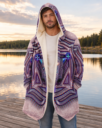 Muladhara Root Chakra Micro Fleece Cloak, Hooded Wearable Art, Psychedelic Festival Layer — wearer-right three-quarter — hood lowered