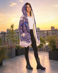 Muladhara Root Chakra Micro Fleece Cloak, Hooded Wearable Art, Psychedelic Festival Layer — front — hood lowered