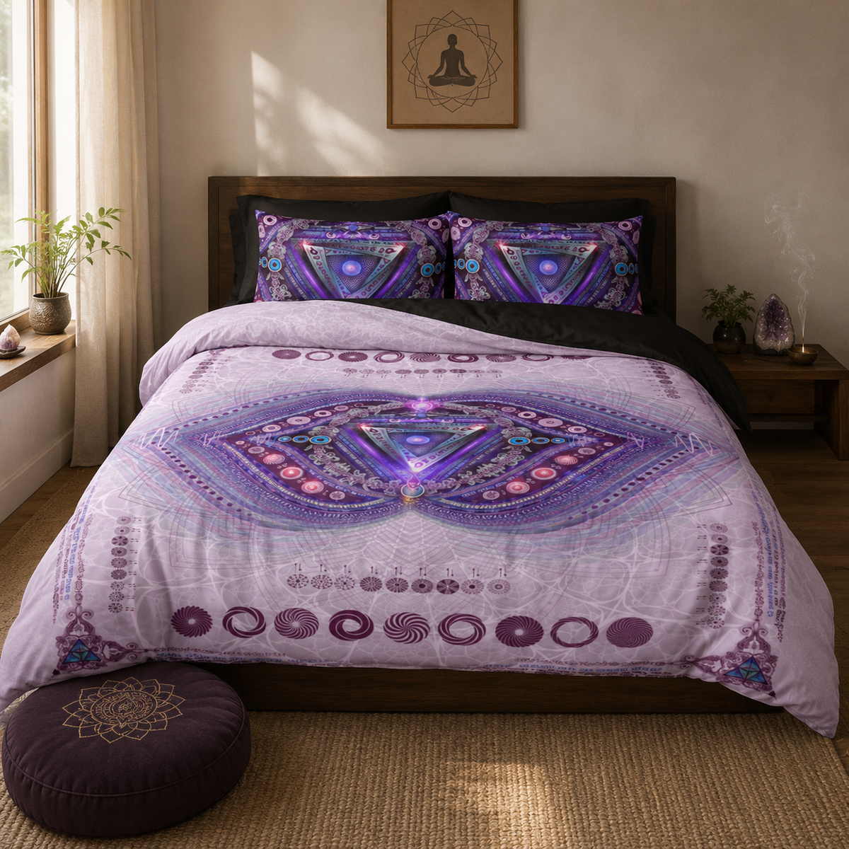 Ajna Chakra Bedding Set, Third Eye Duvet Cover Set, Purple Mandala Bedding, Spiritual Boho Bedroom Decor, Sacred Geometry Bedding