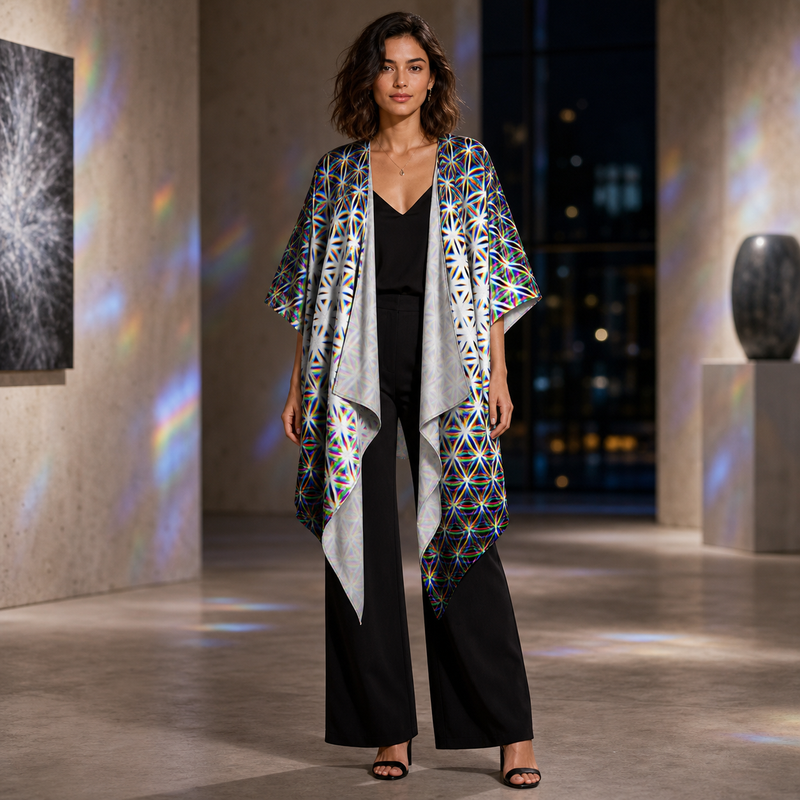 Chromatic Flower Draped Kimono lifestyle front view