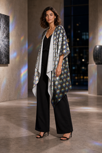 Chromatic Flower Draped Kimono lifestyle three-quarter front view