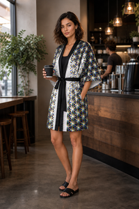Chromatic Flower Kimono Robe lifestyle three-quarter front view