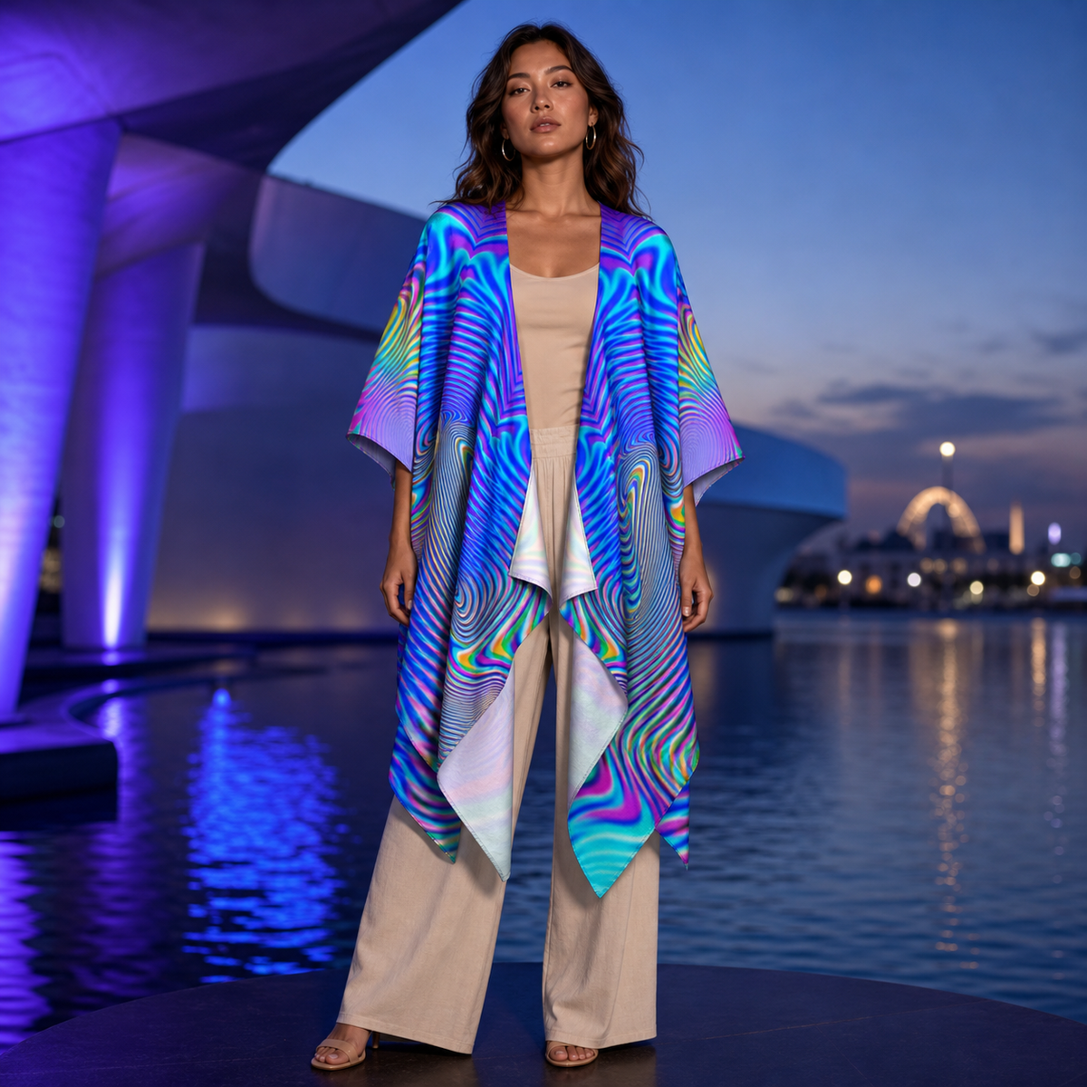 Holowave Draped Kimono lifestyle front view