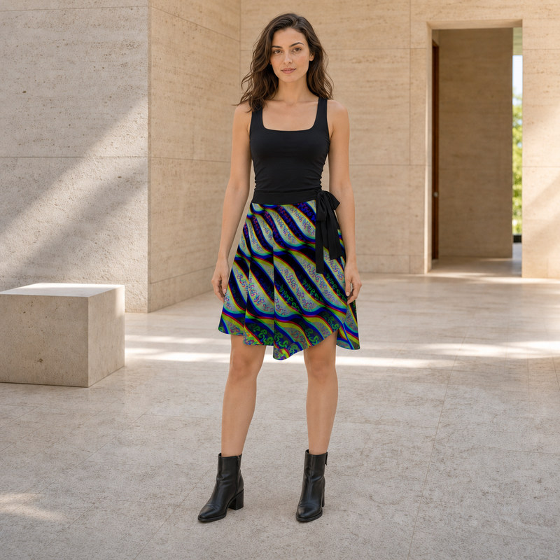 Phonetic Vortex Wrap Skirt — front lifestyle view