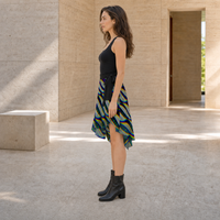 Phonetic Vortex Wrap Skirt — wearer-left profile lifestyle view
