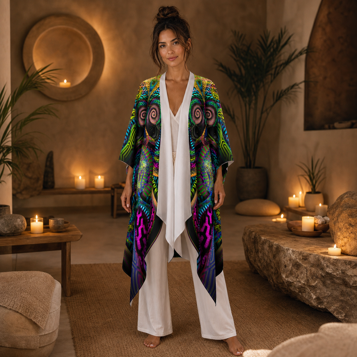 Primordial Presence Draped Kimono lifestyle front view