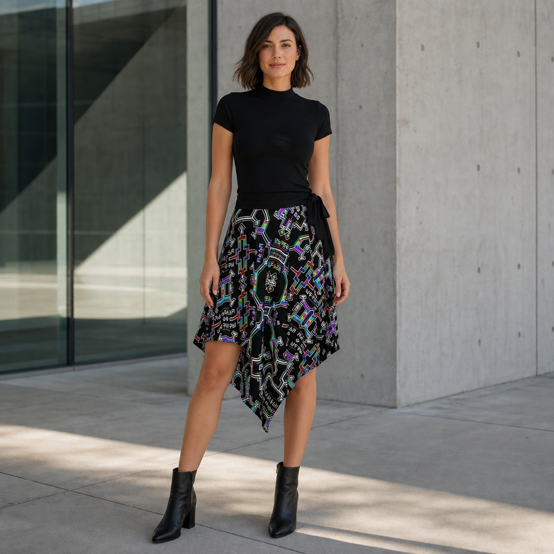 Prismatic Grid Wrap Skirt — front lifestyle view