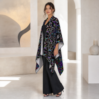 Prismatic Grid Draped Kimono lifestyle three-quarter front view