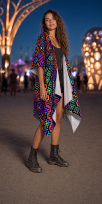 Rainbow Healing Draped Kimono lifestyle three-quarter front view