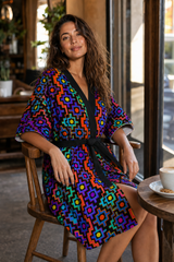 Rainbow Healing Kimono Robe lifestyle three-quarter front view