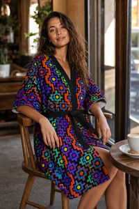 Rainbow Healing Kimono Robe lifestyle three-quarter front view