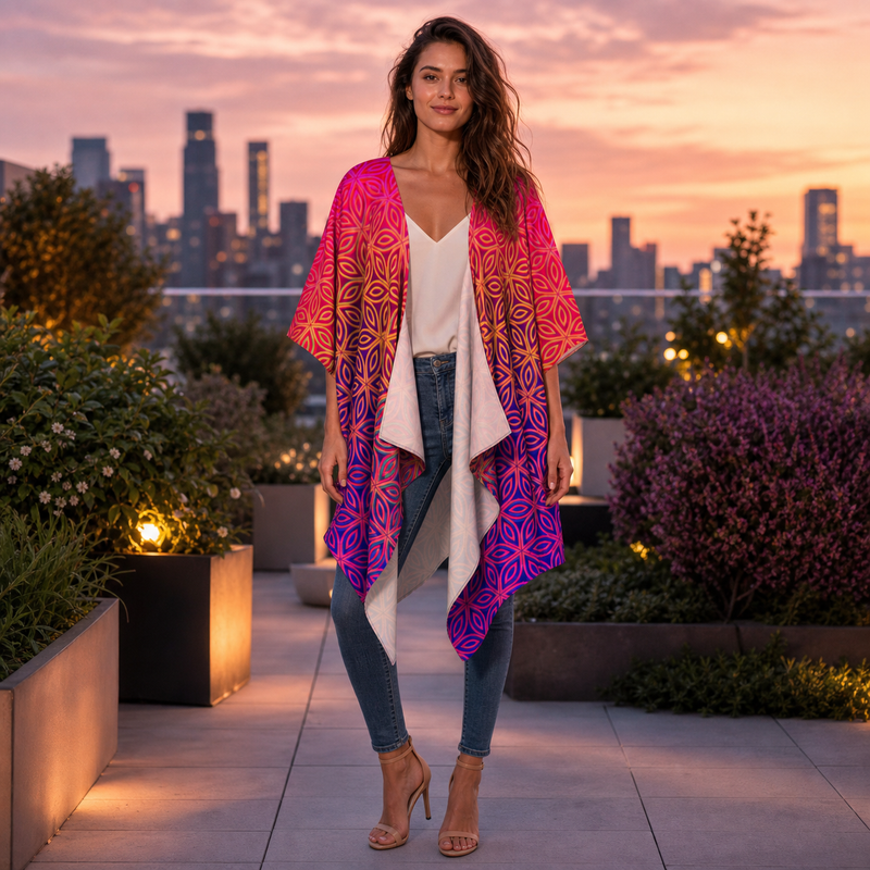 Sacral Bloom Draped Kimono lifestyle front view
