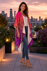 Sacral Bloom Draped Kimono lifestyle three-quarter front view