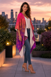 Sacral Bloom Draped Kimono lifestyle three-quarter front view