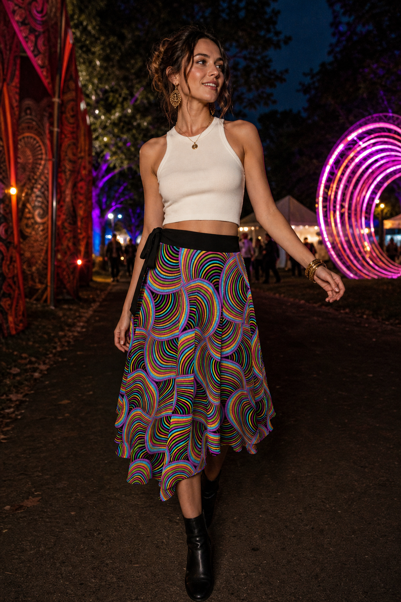 Lifestyle - Sacred Seed Wrap Skirt, Sacred Seed Geometry Skirt, Asymmetrical Festival Clothing, Mystical Festival Fashion, Wearable Art (Phase 2 hero)