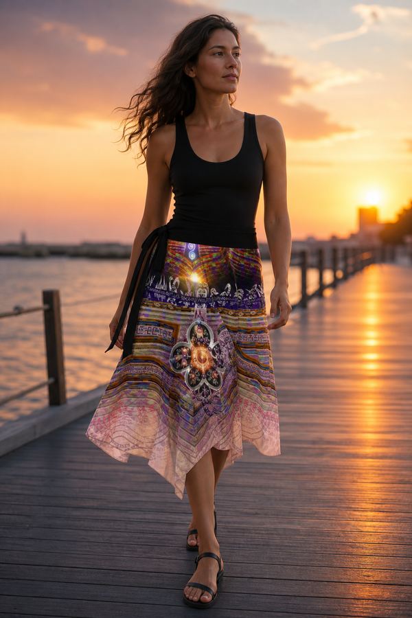 Lifestyle - Svadhisthana Sacral Chakra Wrap Skirt, Sacral Chakra Sacred Geometry Festival Skirt, Asymmetrical Wearable Art, Fluid Festival Fashion (Phase 2 hero)