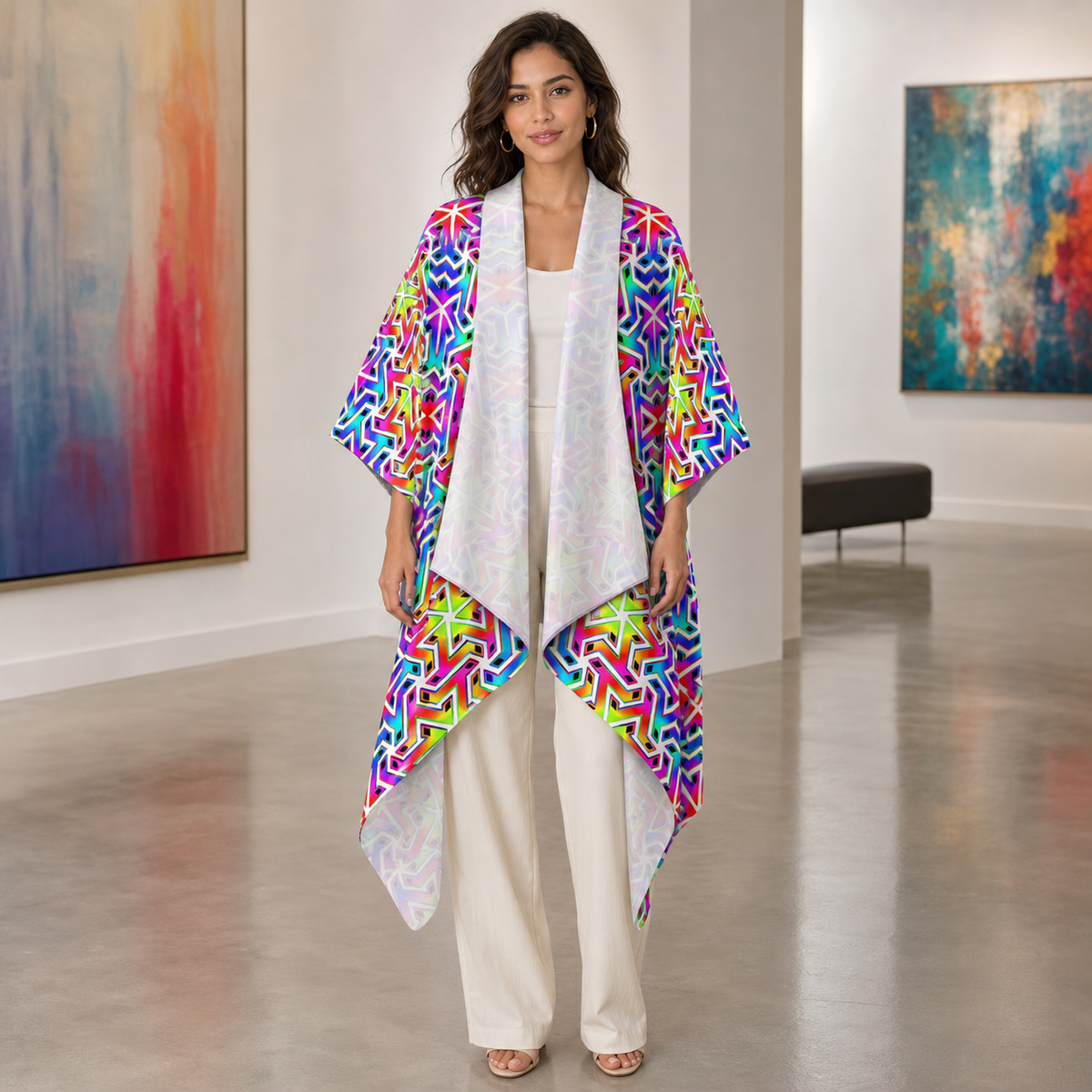 Tessellated Matrix Draped Kimono lifestyle front view