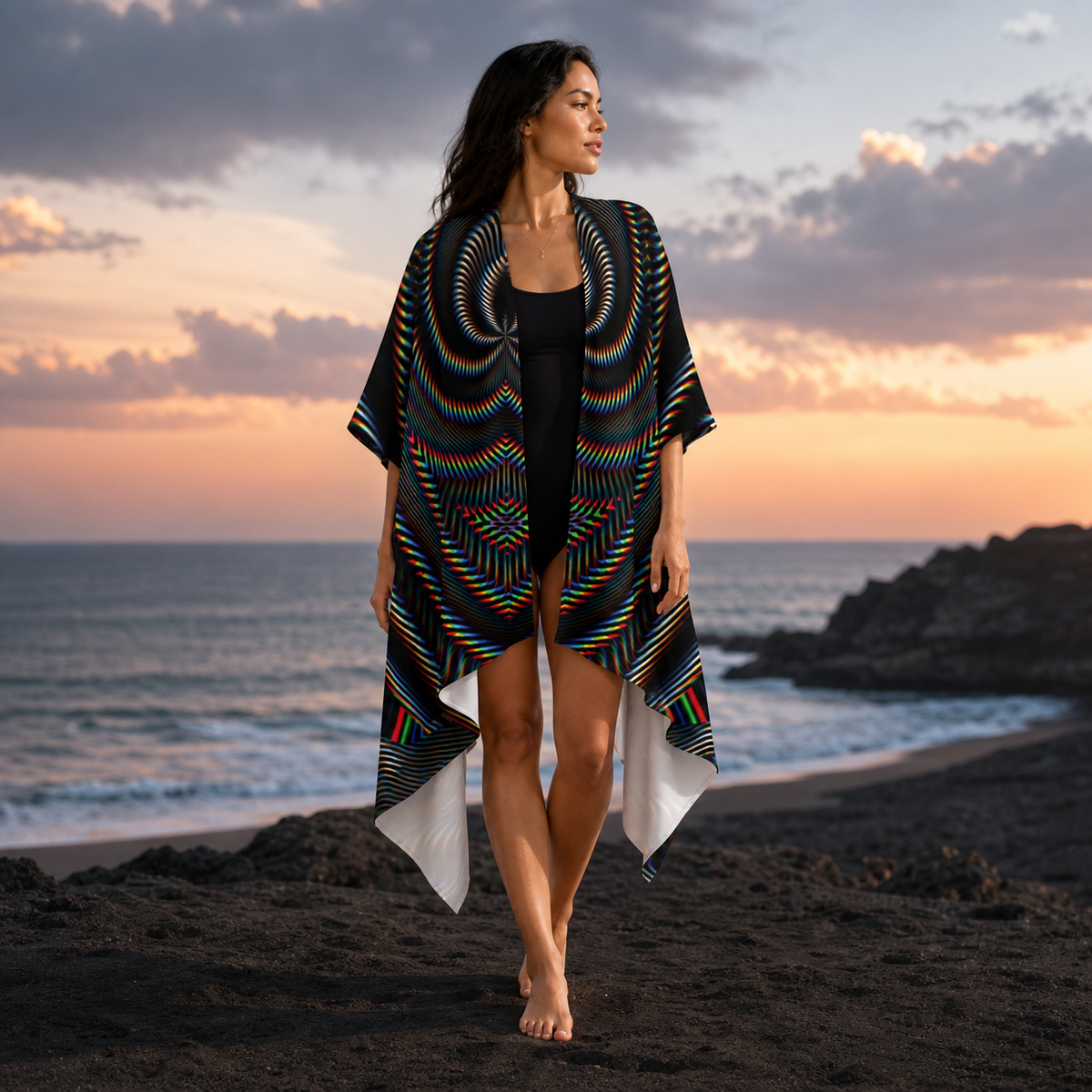 Waveform Draped Kimono lifestyle front view