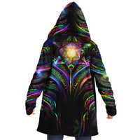 Enchanted Essence Micro Fleece Cloak, Hooded Wearable Art, Psychedelic Festival Layer — front — hood lowered