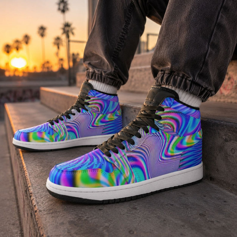Holowave psychedelic rainbow high-top sneakers at sunset