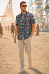 Hypnotic Hills Psychedelic Button-Down Shirt — approved lifestyle view 02 — 02-desert-festival-three-quarter