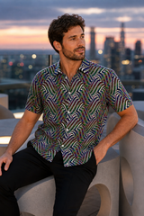 Hypnotic Hills Psychedelic Button-Down Shirt — approved lifestyle view 04 — 04-rooftop-side-detail