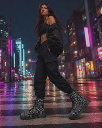 Prismatic Grid Cyberpunk Combat Boots, Unisex Neon Festival Shoes, Techwear Streetwear