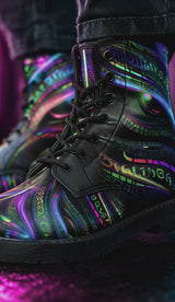 Enchanted Essence Psychedelic Combat Boots – Unisex Visionary Art Festival Boots product video