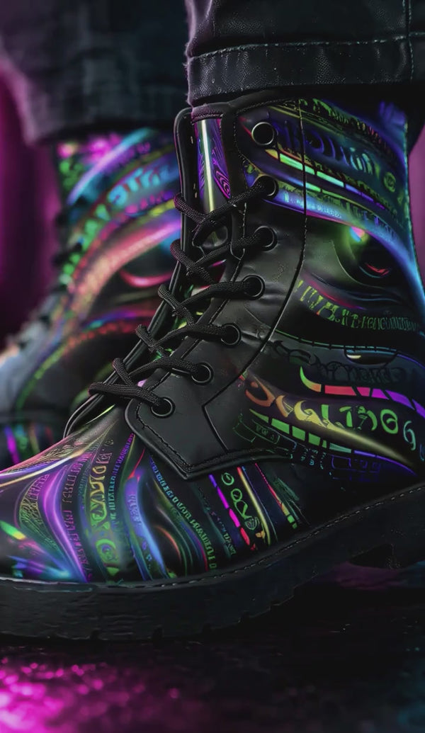 Enchanted Essence Psychedelic Combat Boots – Unisex Visionary Art Festival Boots product video