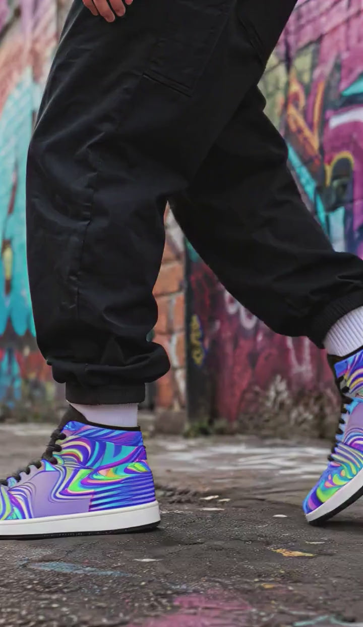 Holowave Unisex High-Top Sneakers – Psychedelic Rainbow Streetwear Shoes, Festival Fashion, Trippy Vaporwave Sneakers product video