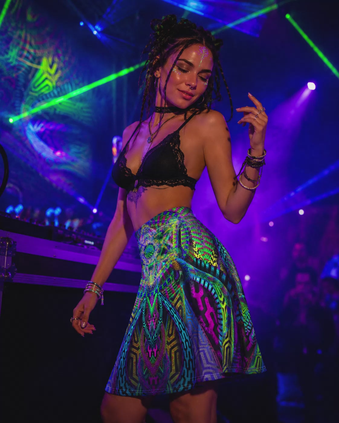 Primordial Presence Glitter Flare Skirt, UV Reactive Psychedelic Rave Skirt, Festival Mini Skirt, Neon Sacred Geometry Dancewear