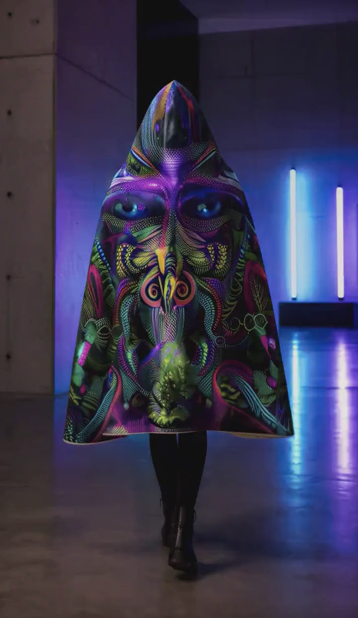 Primordial Archetype Hooded Blanket, Biomechanical Mask Sherpa Throw, Wearable Festival Blanket, Visionary Gift, Cosmic Home Decor
