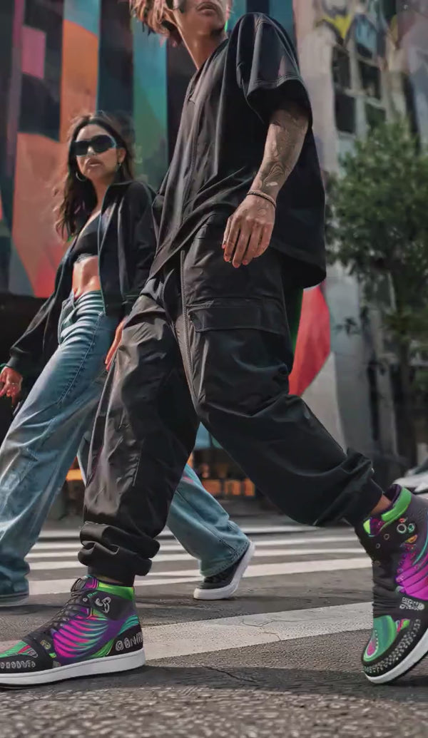 Twisted Unisex High-Top Sneakers – Psychedelic Rainbow Streetwear Shoes, Colorful Festival Sneakers, Alternative Rave Fashion product video