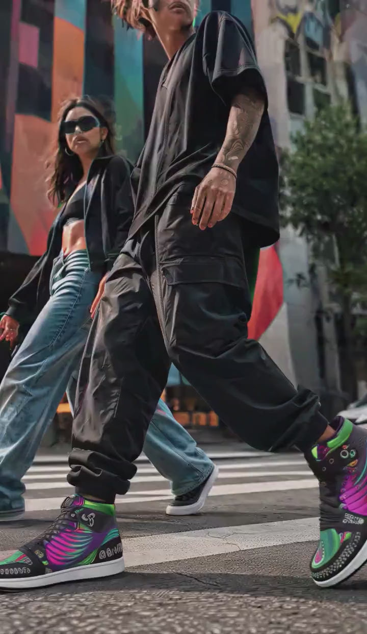 Twisted Unisex High-Top Sneakers – Psychedelic Rainbow Streetwear Shoes, Colorful Festival Sneakers, Alternative Rave Fashion product video