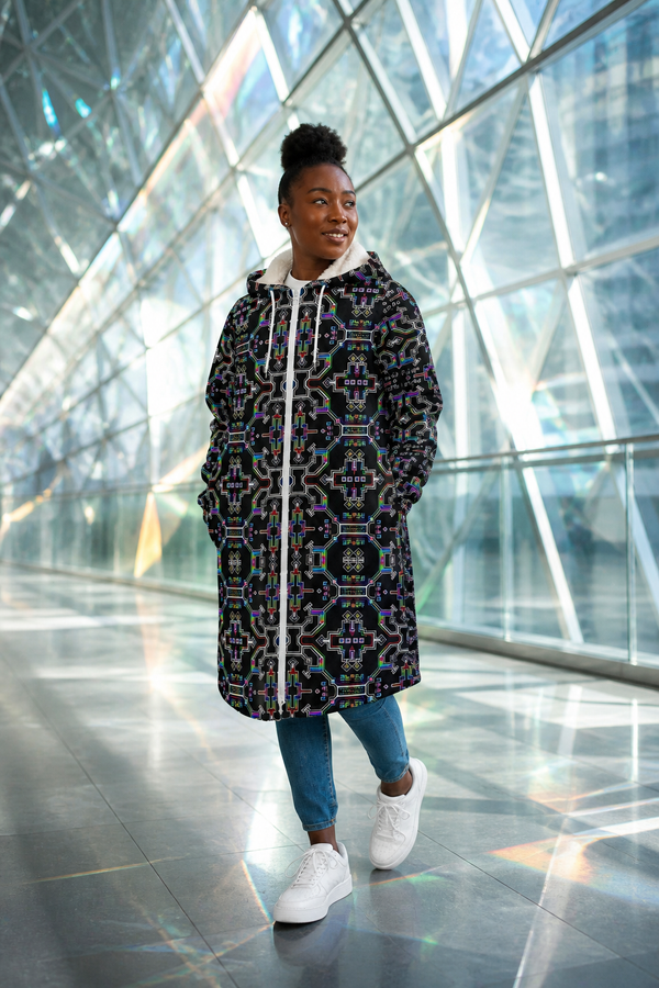 Prismatic Grid Geometric Zipper Cloak — approved lifestyle view 01 — 01-hero-candidate