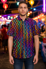 Rainbow Healing Button Down Shirt, Psychedelic Festival Shirt, Visionary Rave Wear, Trippy Short Sleeve Wearable Art - lifestyle angle 1: hero front night market