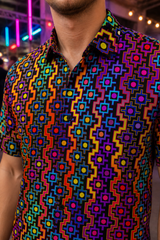 Rainbow Healing Button Down Shirt, Psychedelic Festival Shirt, Visionary Rave Wear, Trippy Short Sleeve Wearable Art - lifestyle angle 4: torso detail neon