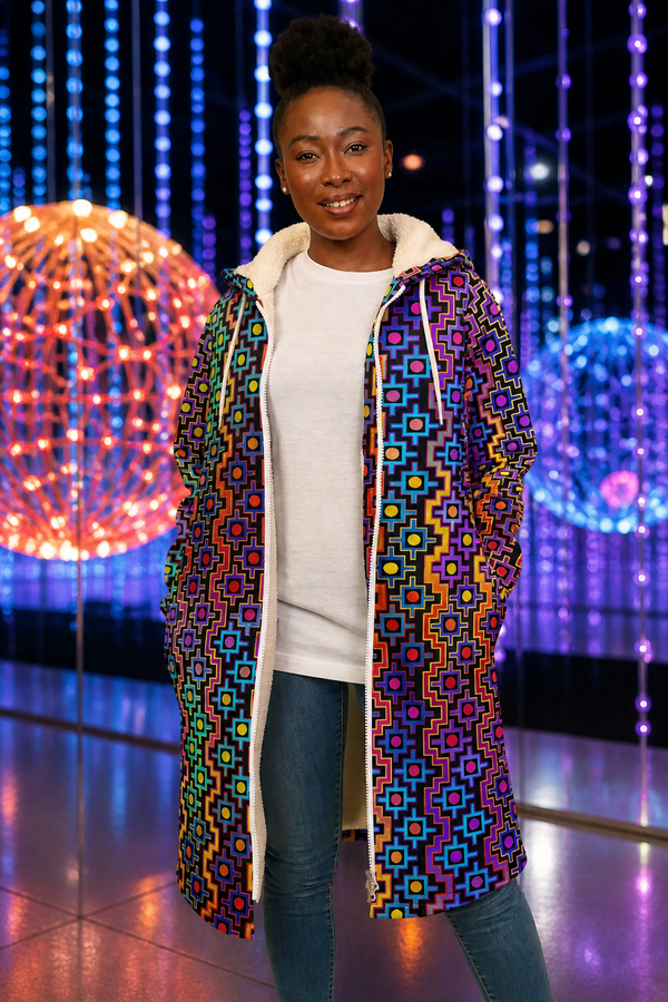 Rainbow Healing Zipper Cloak, Psychedelic Hooded Festival Cloak, Sherpa Lined Rave Wear, Visionary Wearable Art - lifestyle angle 1: hero open light art