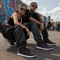 Shadow Work Unisex High Top Sneakers, Psychedelic Geometric Shoes, Black Purple Streetwear, Alternative Festival Fashion, Rave Shoes