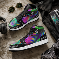 Twisted Unisex High-Top Sneakers – Psychedelic Rainbow Streetwear Shoes, Colorful Festival Sneakers, Alternative Rave Fashion