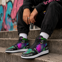 Twisted Unisex High-Top Sneakers – Psychedelic Rainbow Streetwear Shoes, Colorful Festival Sneakers, Alternative Rave Fashion